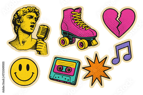 Nostalgic 90s Music Retro Collage with Y2K Trendy Halftone Elements, Roller Skate, Broken Heart, Vintage Cassette Tape, Smiley Face, Antique Statue with Microphone, Paper Torn Stickers Vector Set