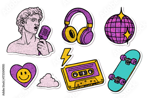 Set of collage trendy halftone elements. 90s music and retro nostalgia. Trendy Y2K stickers with antique statue singing, disco ball, cassette tape and skateboard. Vector fun.