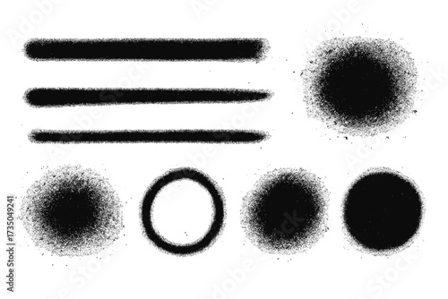 Set of spray painted lines and grunge dots with paint splatter circle shapes, urban graffiti art strokes, dirty street texture design in black, splattered ink line and dot prints