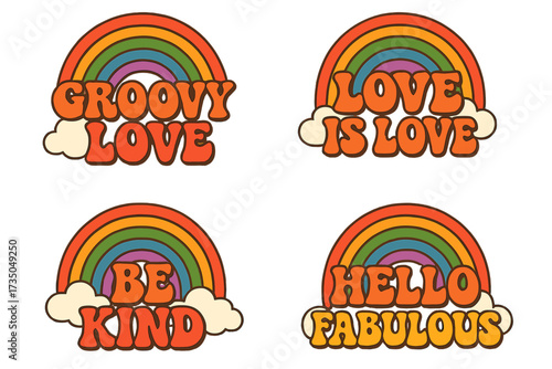 Set of colorful retro 60s 70s Pride month square posters with rainbow, groovy love slogans, queer greeting cards, positive vibe quotes, inclusive celebration designs
