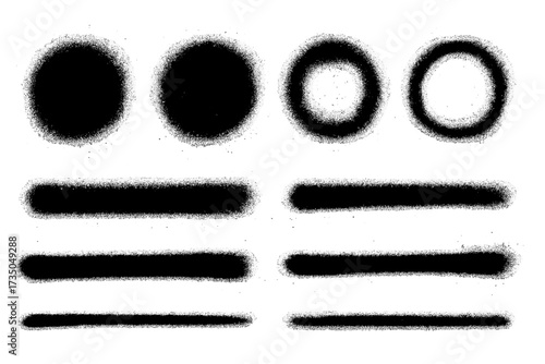 Urban graffiti spray paint set with grunge dot splatters, splattered circle shapes and rough textured paint strokes, black street art spray lines and dirty splatter texture