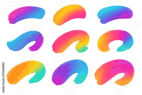 Set of multicolored gradient brush strokes, abstract fluid paint shapes, vibrant holographic chameleon color palette, artistic colorful isolated design elements for creative projects