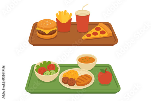 Comparison of healthy vs unhealthy food trays, fast food burger fries soda pizza vs balanced lunch with salad, meat, soup, apple, choice of diet, nutrition concept vector illustration