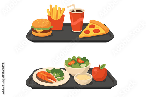 Comparison of healthy and unhealthy food trays with fast food burger, fries, soda, pizza versus nutritious meal with salmon, broccoli, salad, apple, and mashed potatoes, vector illustration