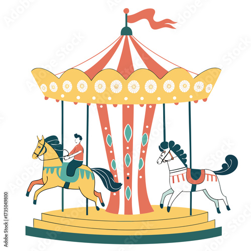 A charming flat design illustration of a carousel with two horses and a rider enjoying a fun amusement park ride