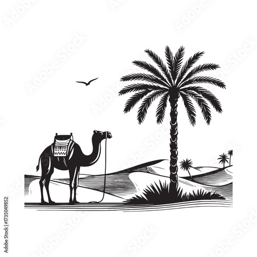 Desert Scene with Camel and Palm Tree