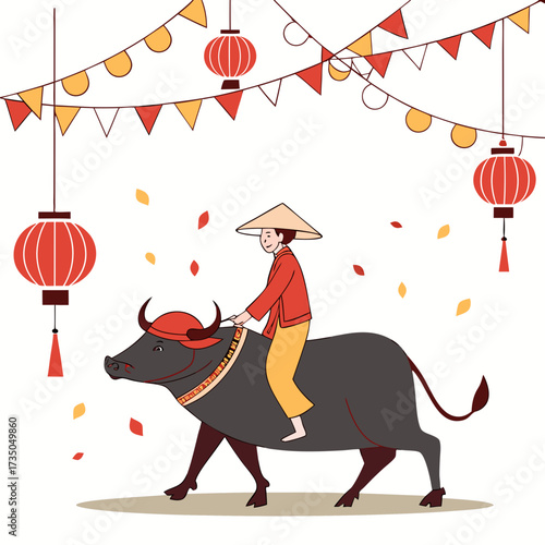 A person wearing a conical hat rides a water buffalo under festive lanterns and colorful bunting flags
