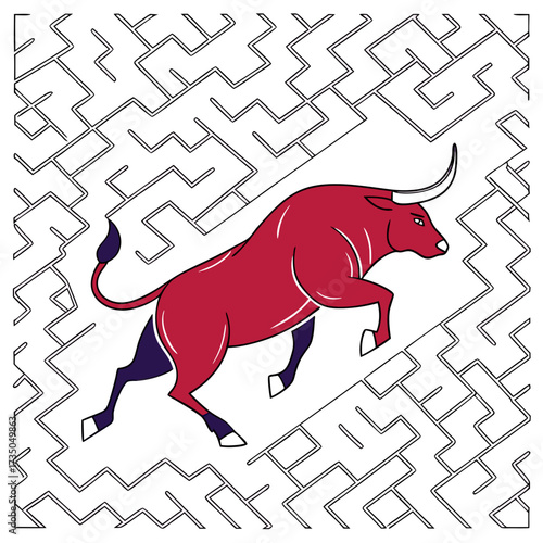 A powerful red bull with dark blue legs and tail charging through a complex geometric maze pattern