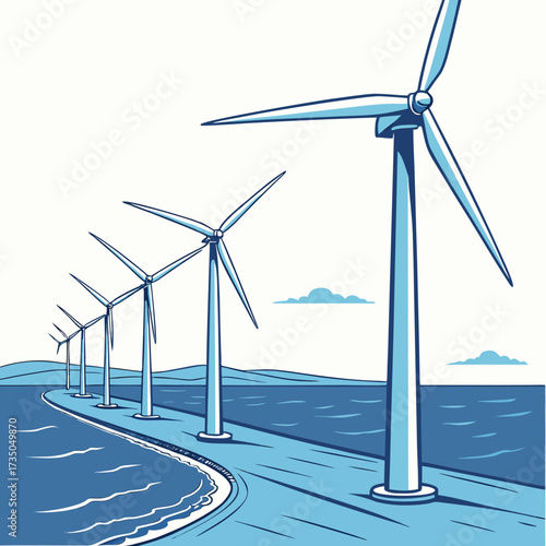 A row of tall wind turbines stand along a coastline generating clean energy with blue ocean waves and sky