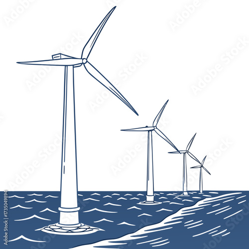 A row of wind turbines stand in the ocean generating clean renewable energy on a bright day