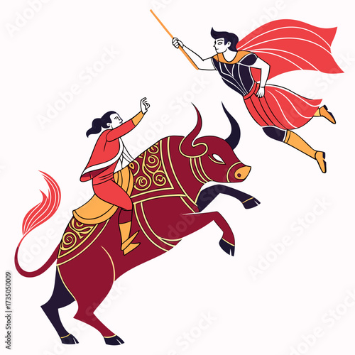 Dynamic illustration of a bull rider and a flying figure in a red cape holding a stick against a white background
