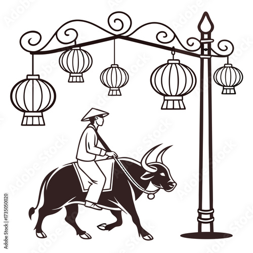 Farmer wearing a conical hat riding a water buffalo past a lamppost with hanging lanterns in a stylized line art illustration