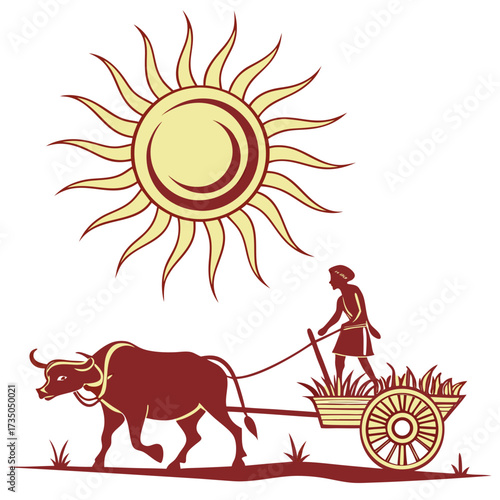 Farmer driving a bullock cart loaded with crops under a bright sun in a rural landscape