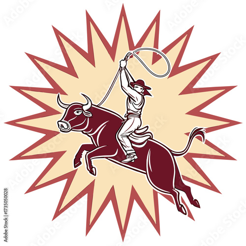 Dynamic illustration of a rodeo cowboy skillfully riding a bucking bull while swinging a lasso against a starburst background