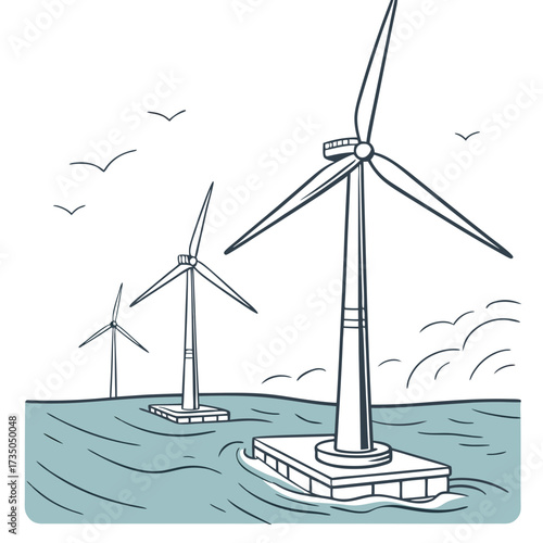Hand drawn illustration of offshore wind turbines generating clean renewable energy in the ocean with birds flying above
