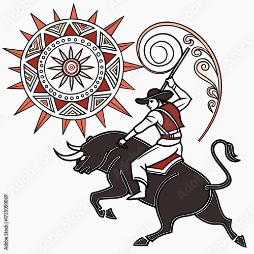 Man riding a bull with a whip under a stylized sun and decorative flourish
