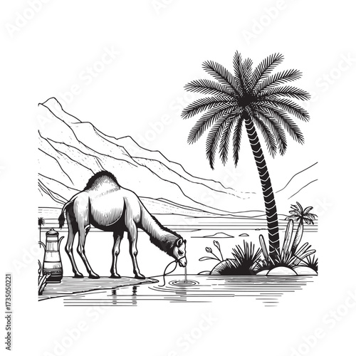 Desert Scene with Camel and Palm Tree