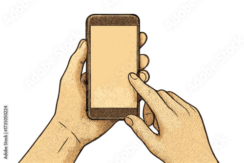 Two hands holding smartphone with trendy vintage dotted texture, retro halftone style vector illustration, cartoon style mobile phone usage concept, digital device in hand