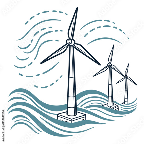 Offshore wind turbines generate clean renewable energy in stylized blue ocean waves and wind currents