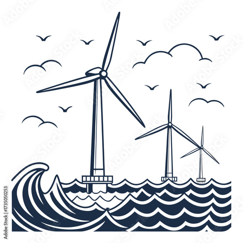 Offshore wind turbines generating clean energy in the ocean with waves and seagulls flying in the sky