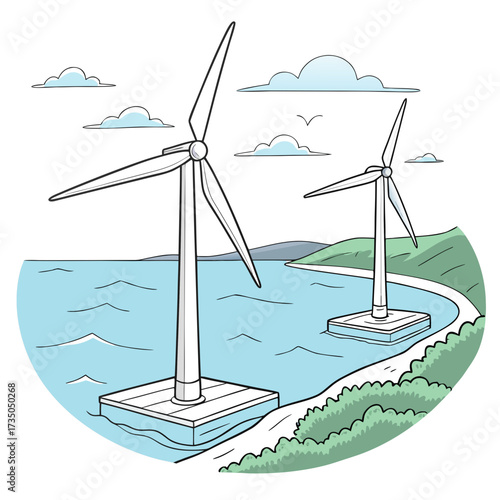 Offshore wind turbines stand tall in the ocean generating clean renewable energy near a green coastline under a cloudy sky