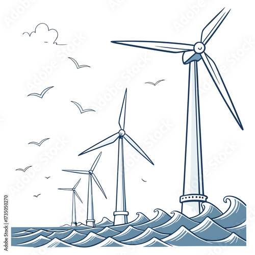 Offshore wind turbines generating clean energy in the ocean with seagulls flying in the sky