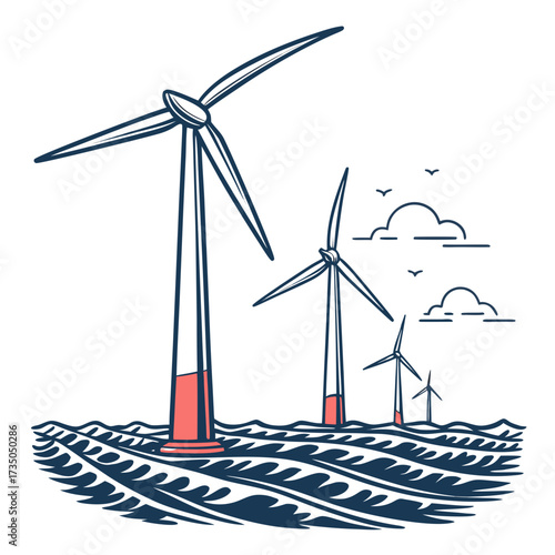 Offshore wind turbines stand tall in the ocean waves generating clean renewable energy with stylized clouds and birds above