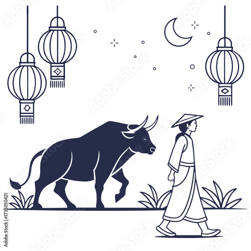 Silhouette of a farmer walking with a bull under hanging lanterns and a crescent moon at night