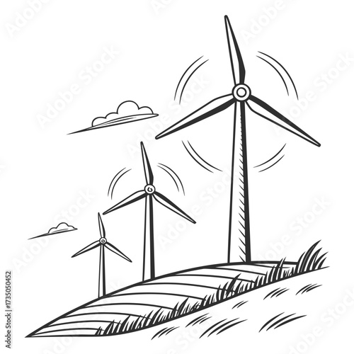 Sketch of three wind turbines on a grassy hill with stylized clouds in a simple black and white drawing style