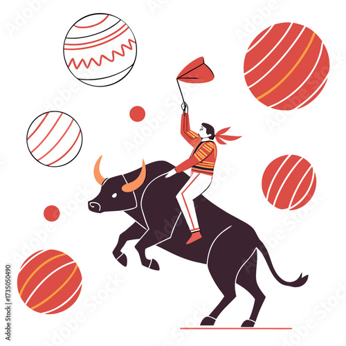 Stylized illustration of a bull rider in traditional attire holding a red flag with abstract circles in the background