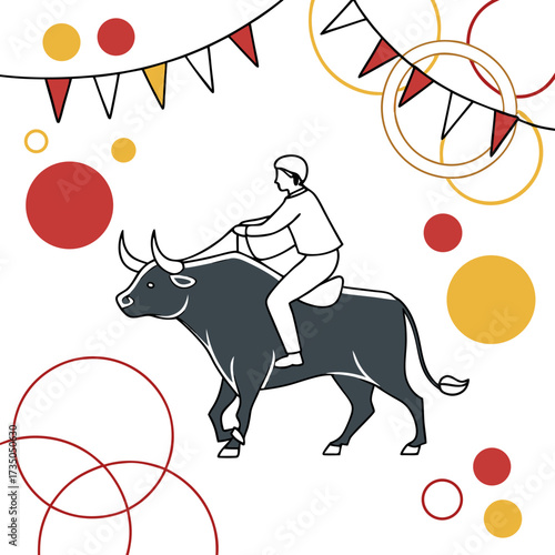 Stylized illustration of a person riding a bull with festive bunting and colorful circles in the background