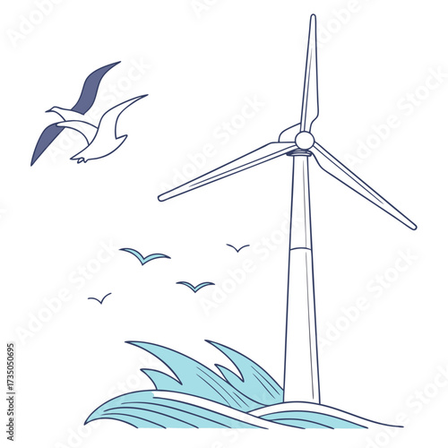 Stylized illustration of a wind turbine standing in choppy ocean waves with seagulls flying overhead