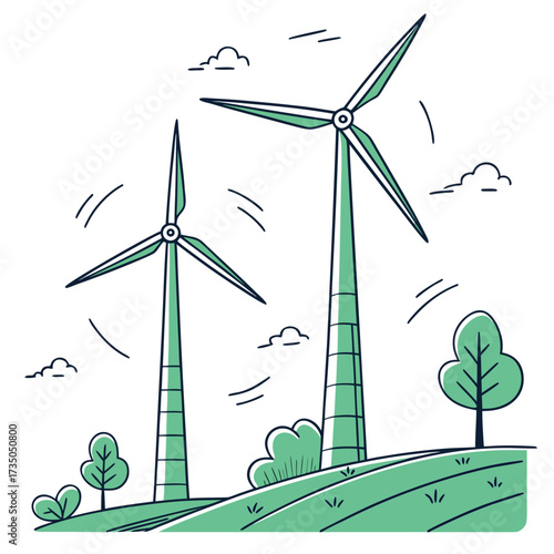 Stylized illustration of two green wind turbines on rolling hills under a cloudy sky symbolizing renewable energy and sustainability