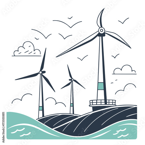 Stylized illustration of wind turbines generating clean energy on rolling hills with birds flying in the sky