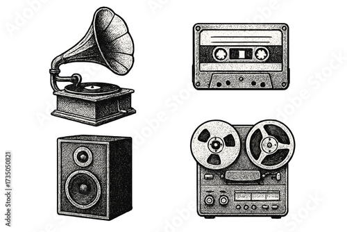 Vintage gramophone, cassette tape, speaker, and reel-to-reel tape recorder in halftone dot style, retro music concept, antique audio equipment collection, vector set, cartoon design