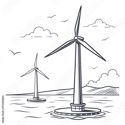 Stylized line drawing of offshore wind turbines generating clean renewable energy in the ocean with birds flying above