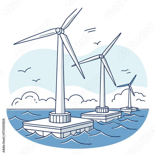 Three modern floating offshore wind turbines generating clean renewable energy in the ocean with birds flying above