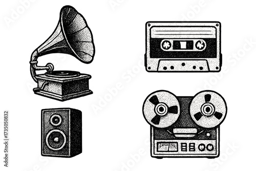 Vintage gramophone, cassette tape, speaker, and reel-to-reel tape recorder in halftone dot design, retro music technology concept, antique audio equipment collection, classic sound devices vector set