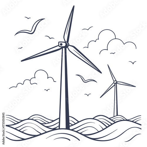 Stylized illustration of wind turbines generating clean energy in the ocean with waves and birds flying