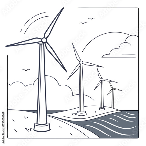 Stylized illustration of wind turbines generating clean energy on a coastal landscape with birds flying in the sky