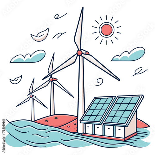 Sustainable energy landscape featuring wind turbines and solar panels by the ocean under a sunny sky