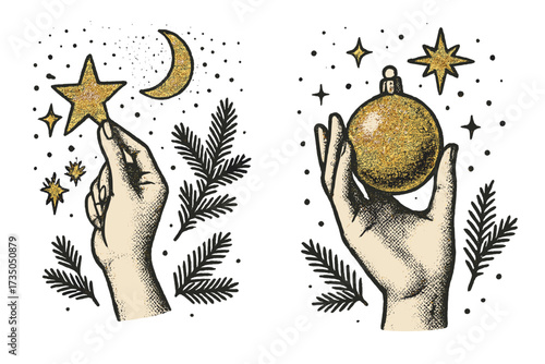 Vintage halftone collage Happy New Year and Merry Christmas card set with glitter elements, trendy halftone hands holding star, moon, and golden ornament, festive seasonal vector illustration