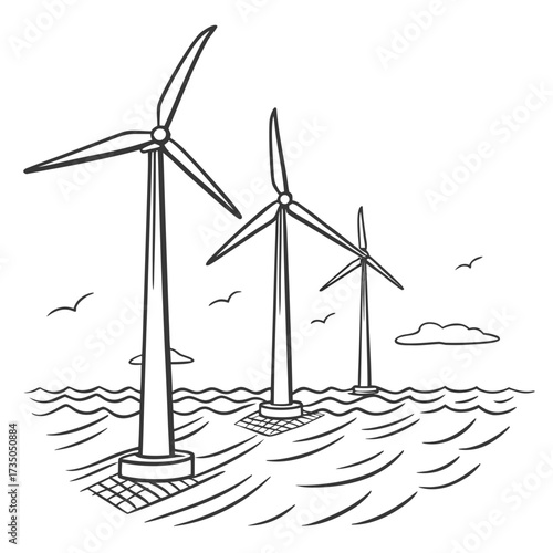 Three wind turbines stand in the ocean generating clean renewable energy with seagulls flying above the waves
