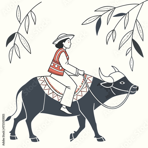 Traditional vietnamese woman wearing a conical hat and embroidered vest rides a water buffalo through a field with leafy branches above