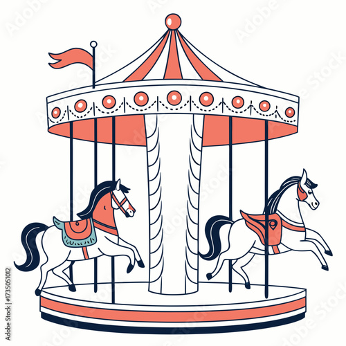 Whimsical illustration of a classic carousel with two decorative horses on a white background
