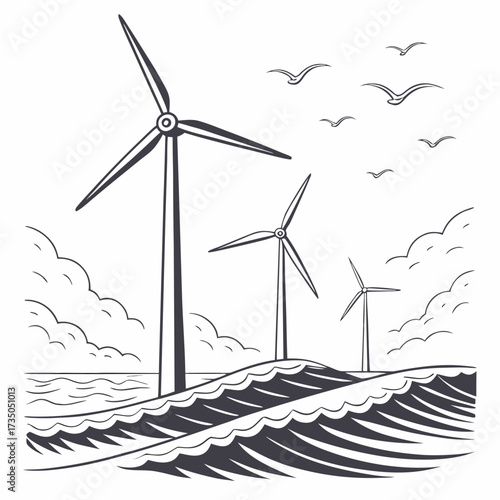 Wind turbines stand tall on a coastal hill overlooking the ocean with seagulls flying above