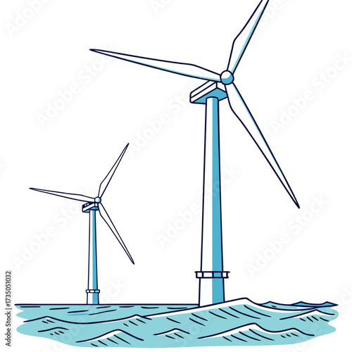 Two modern offshore wind turbines standing tall in the ocean generating clean renewable energy for the future