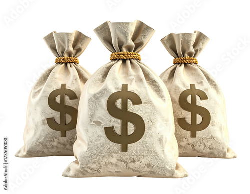 Three money sacks with prominent dollar signs, tied with rope