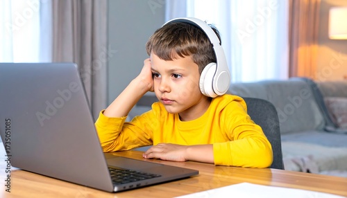 Bored young student wearing headphones during online class at home, feeling unmotivated with remote learning fatigue, highlighting challenges of digital education