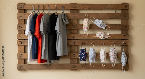 Wallpaper Mural Clothes and face masks hanging on a rustic wooden pallet on a beige wall Torontodigital.ca